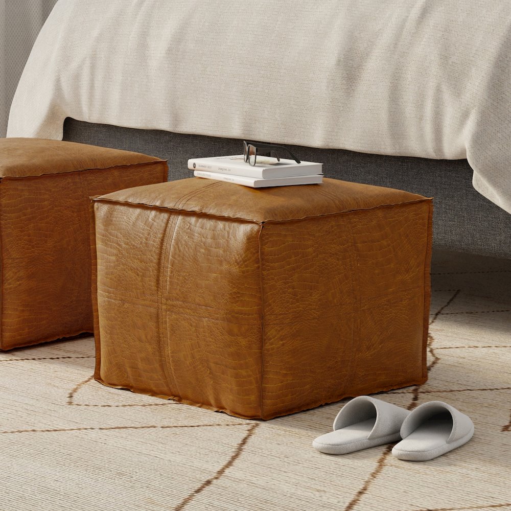 Brody 18 inch Wide Boho Square Pouf in Tan Genuine Leather. Picture 6