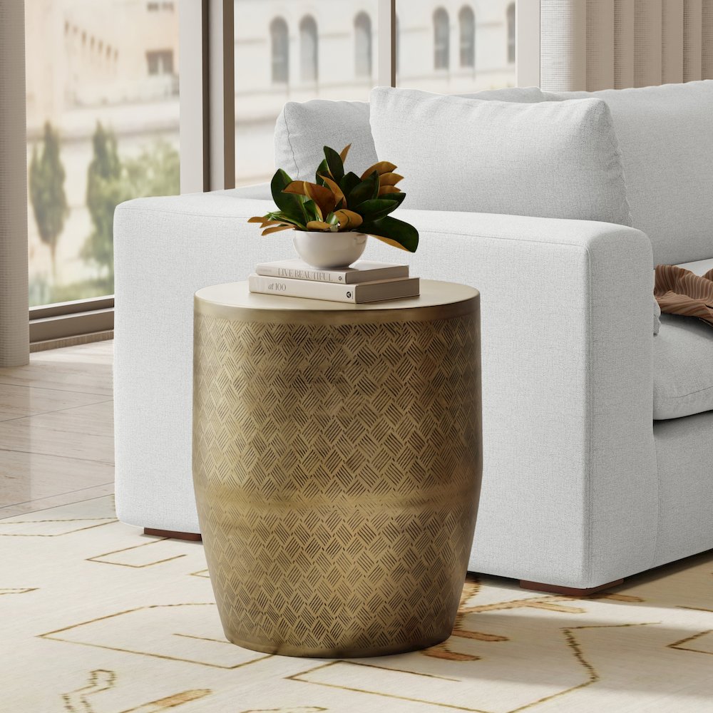 18"W Boho Cross Hatch Pattern Metal Accent Table in Antique Gold Iron, Assembled. Picture 6