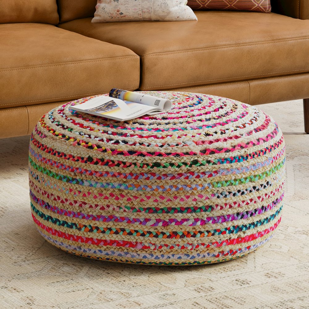 Margo Boho Contemporary Round Large Pouf in Multi Color. Picture 6