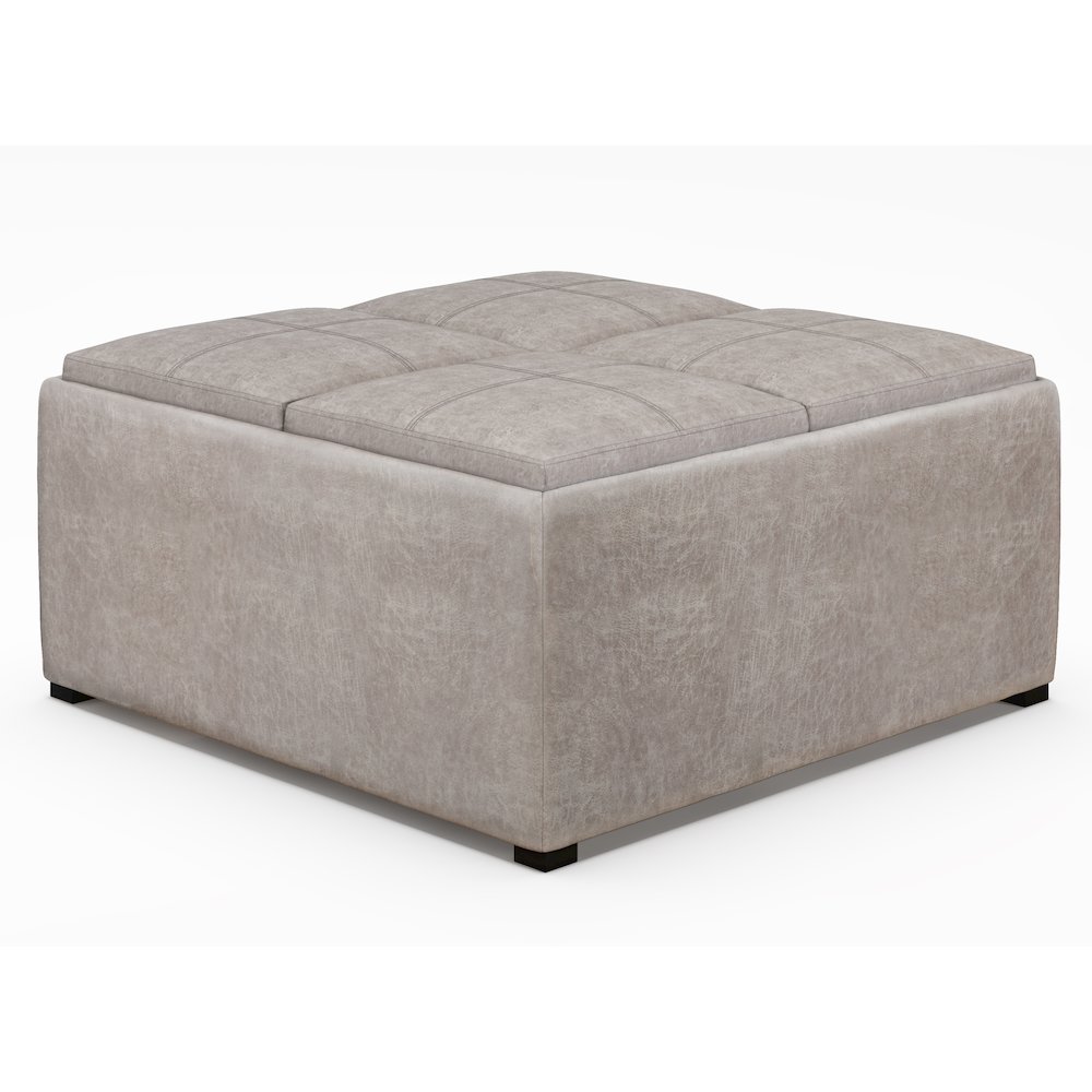 Square Coffee Table Storage Ottoman In Distressed Grey Taupe Vegan Faux Leather. Picture 1