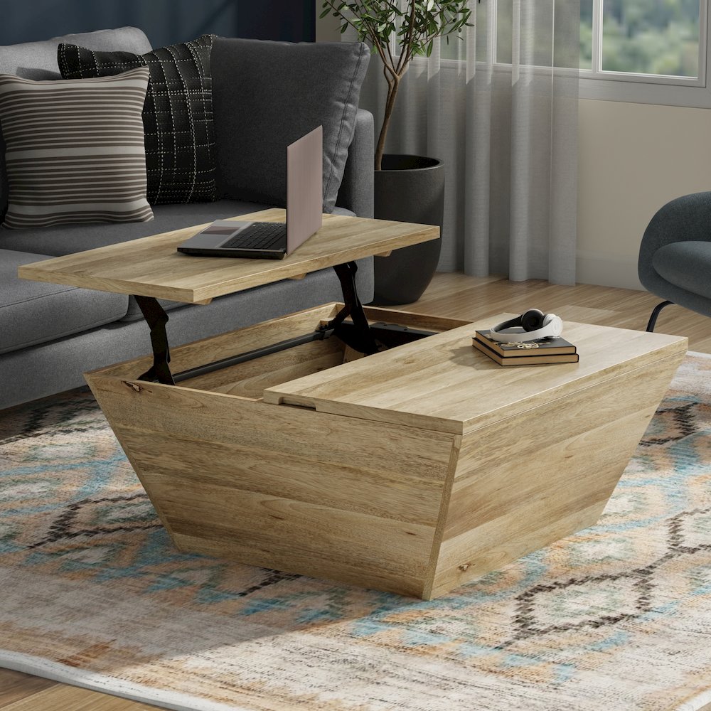 Abba 36 inch Wide Solid Mango Modern Lift Top Coffee Table in Natural. Picture 6