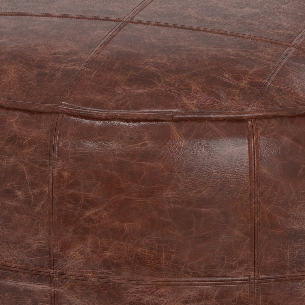 Connor 34 Inch Round Coffee Table Pouf In Distressed Brown Genuine Leather. Picture 3