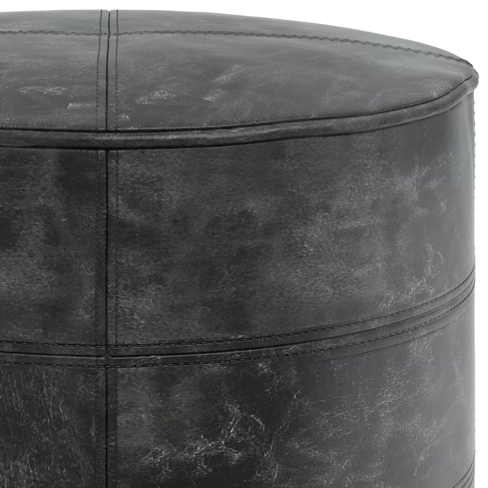Connor Round Pouf In Distressed Black Genuine Leather. Picture 4
