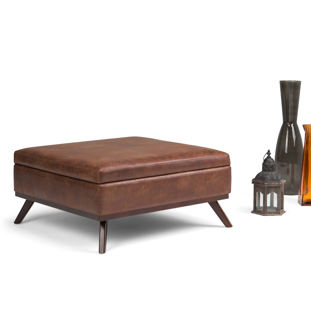 Coffee Table Storage Ottoman In Distressed Saddle Brown Vegan Faux Leather. Picture 5