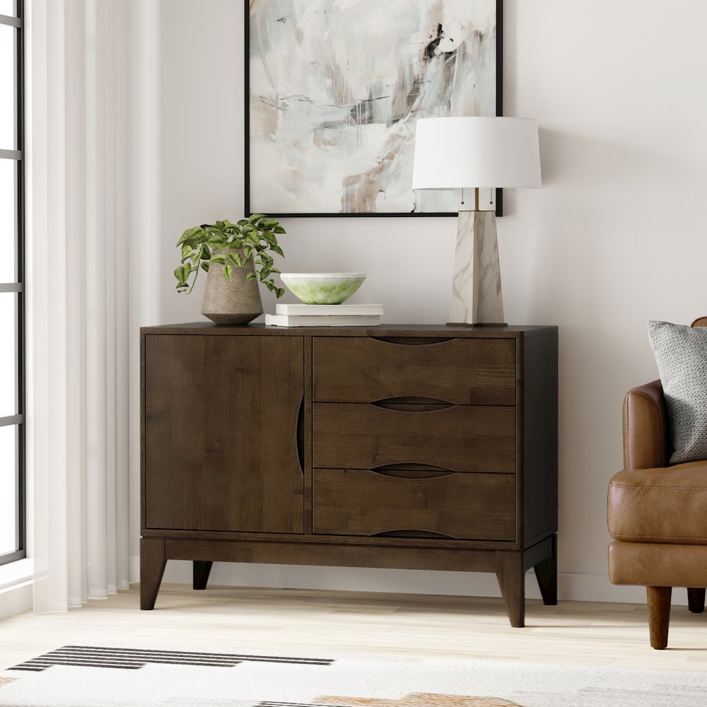 Solid Wood 42 inch Wide Mid Century Modern 3 Drawer Sideboard in Walnut Brown. Picture 5