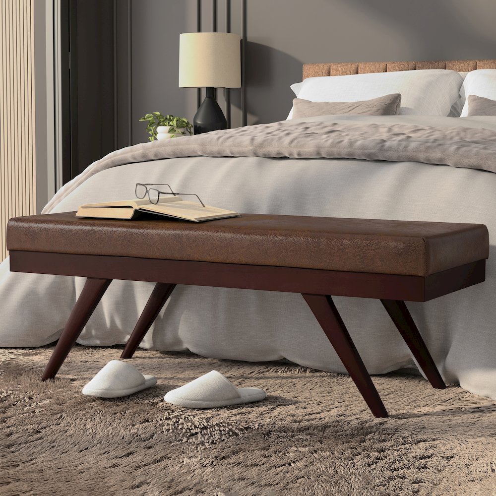 Chanelle SOLID HARDWOOD Mid Century Ottoman Bench in Distressed Chestnut Brown. Picture 2