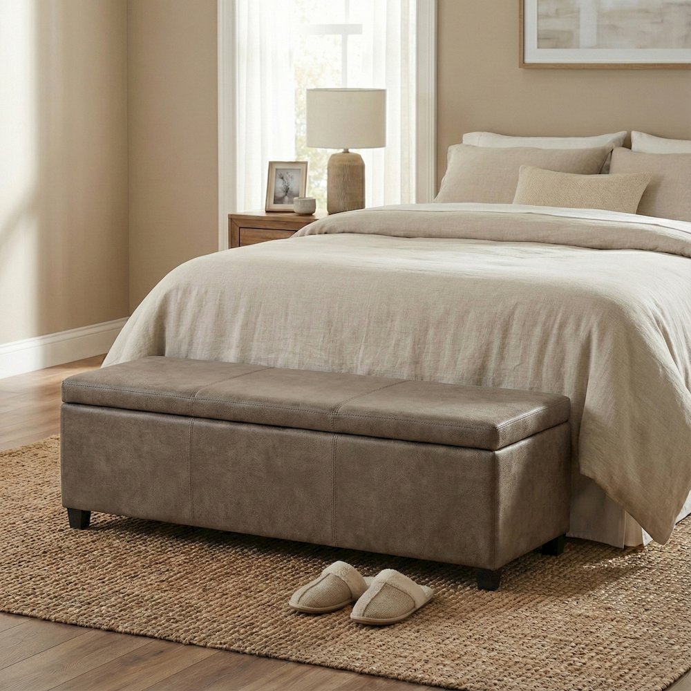 48 inch Wide Storage Ottoman Bench in Distressed Smoky Grey Brown Vegan Leather. Picture 6