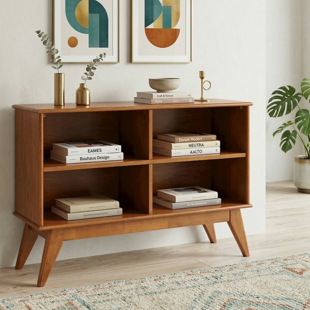 Draper 42 inch Wide Solid Wood Mid Century 4 Shelf Low Bookcase in Teak Brown. Picture 2