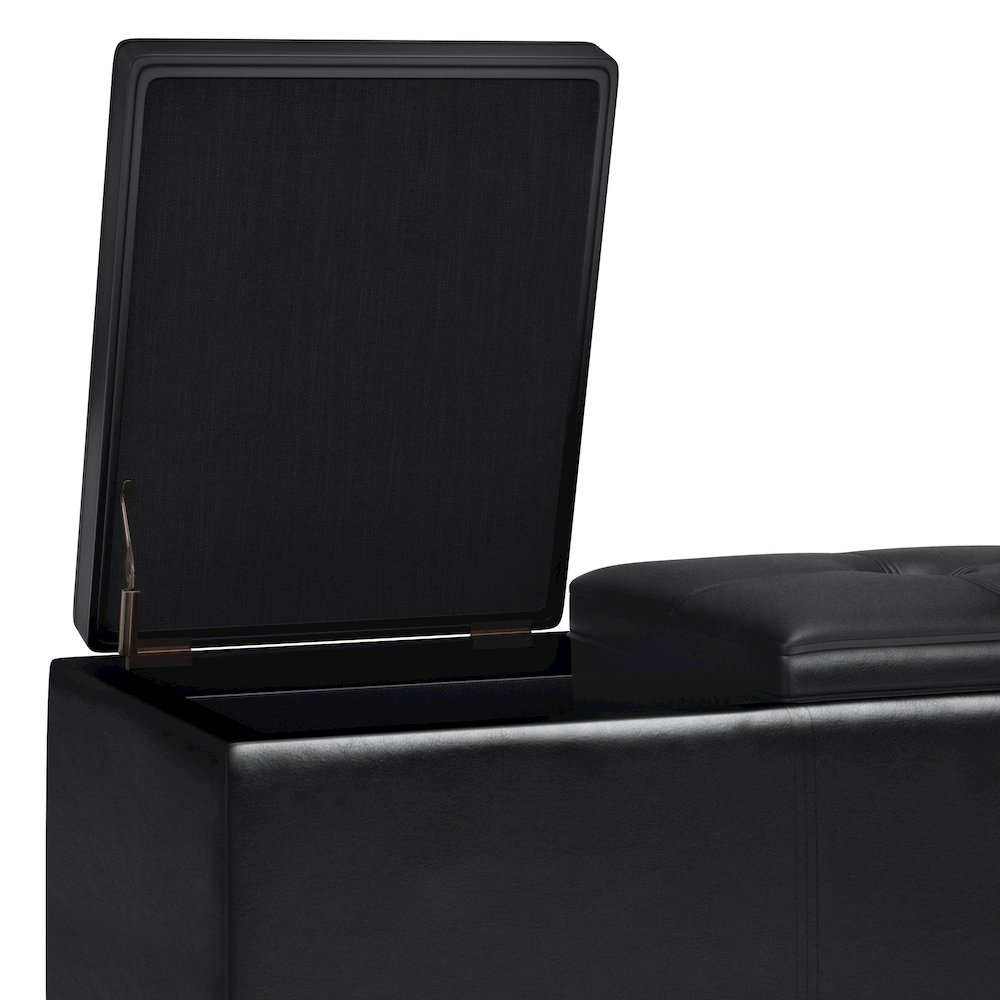 Storage Ottoman With Lift Up Lids In Midnight Black Vegan Faux Leather. Picture 3
