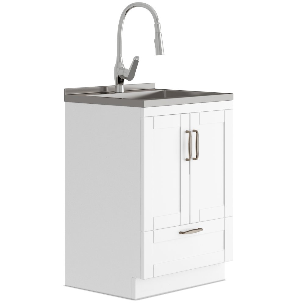 24 Inch Laundry Cabinet With Pull-Out Faucet And Stainless Steel Sink In White. Picture 1
