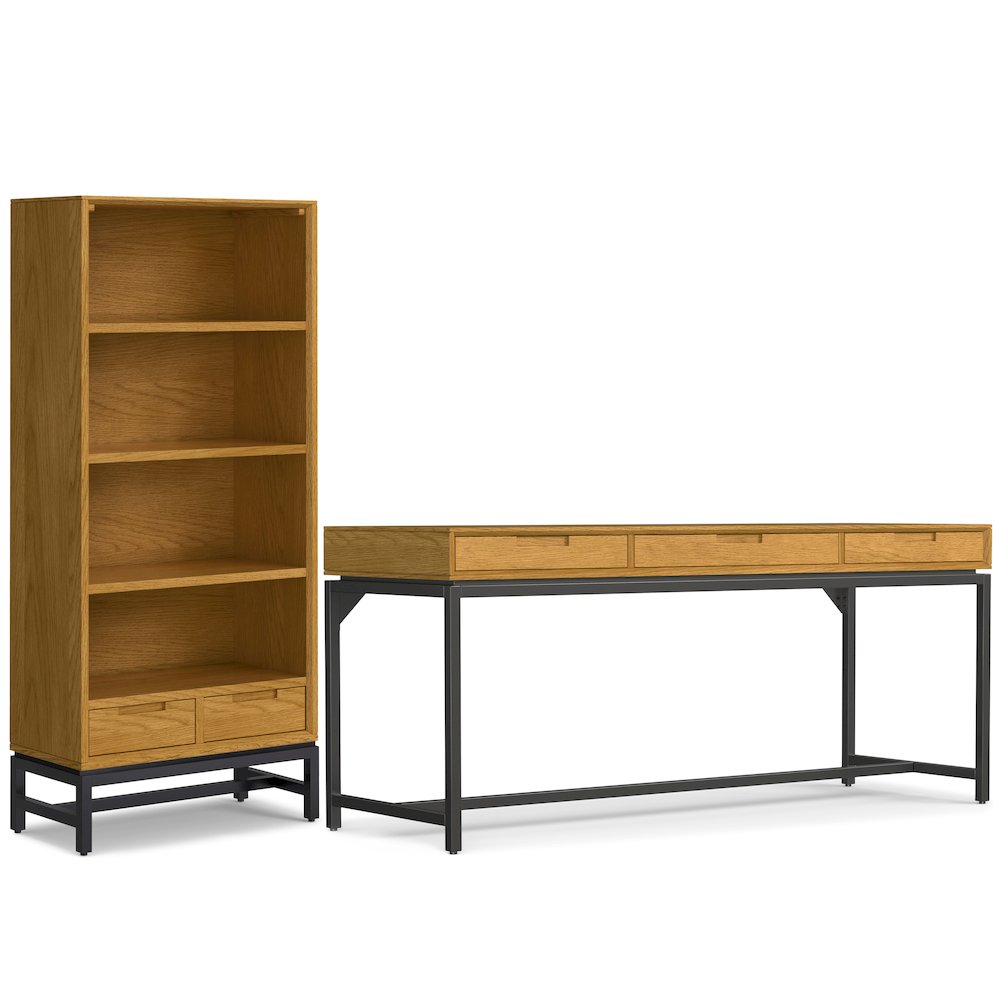 Industrial 72 inch Wide Desk with 30 inch Wide Bookcase in Oak (Set of 2). Picture 1