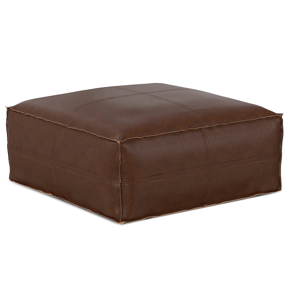 Brody Large Square Coffee Table Pouf In Distressed Dark Brown Vegan Faux Leather. Picture 1