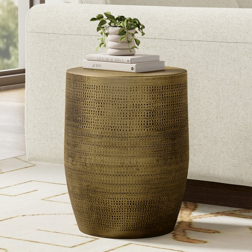 15"W Boho Morse Pattern Metal Accent Table in Antique Brass Iron, Assembled. Picture 6