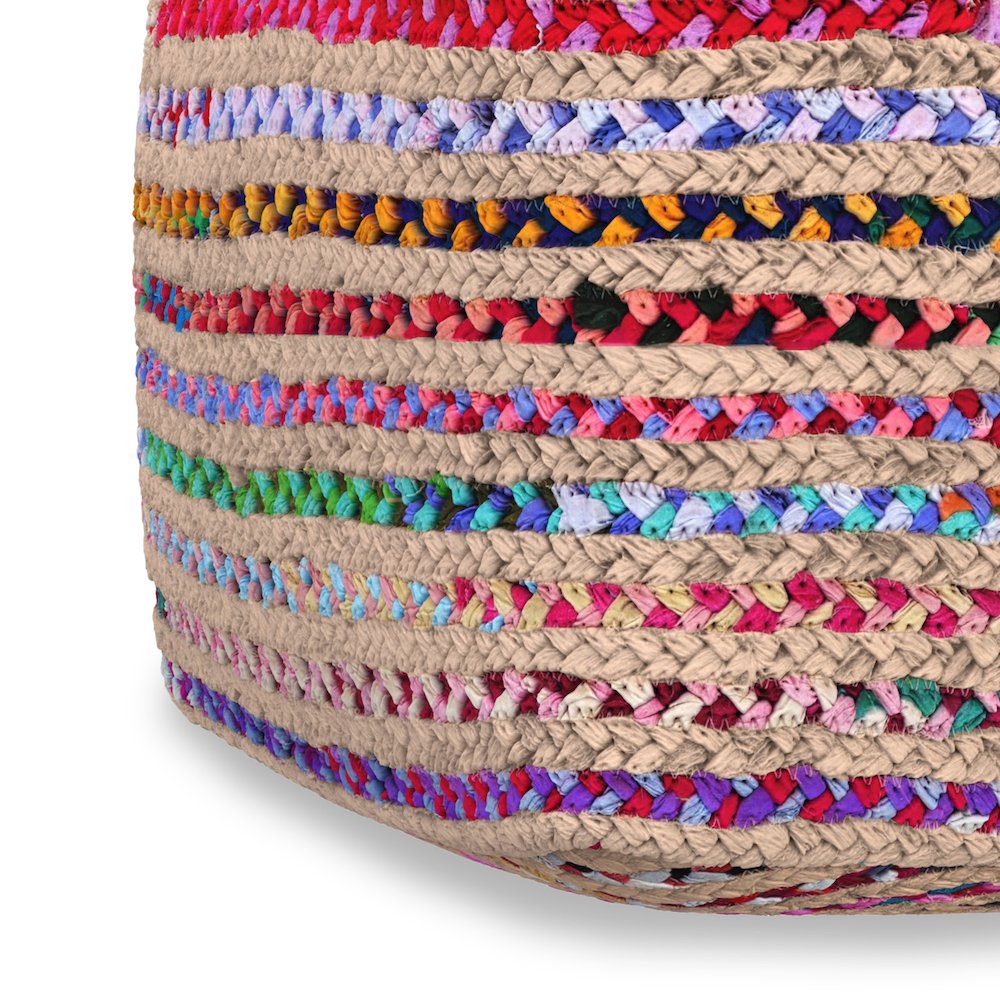 Margo 20 inch Wide Boho Pouf in Multicolor Natural Jute/Cotton Chindi, Assembled. Picture 4