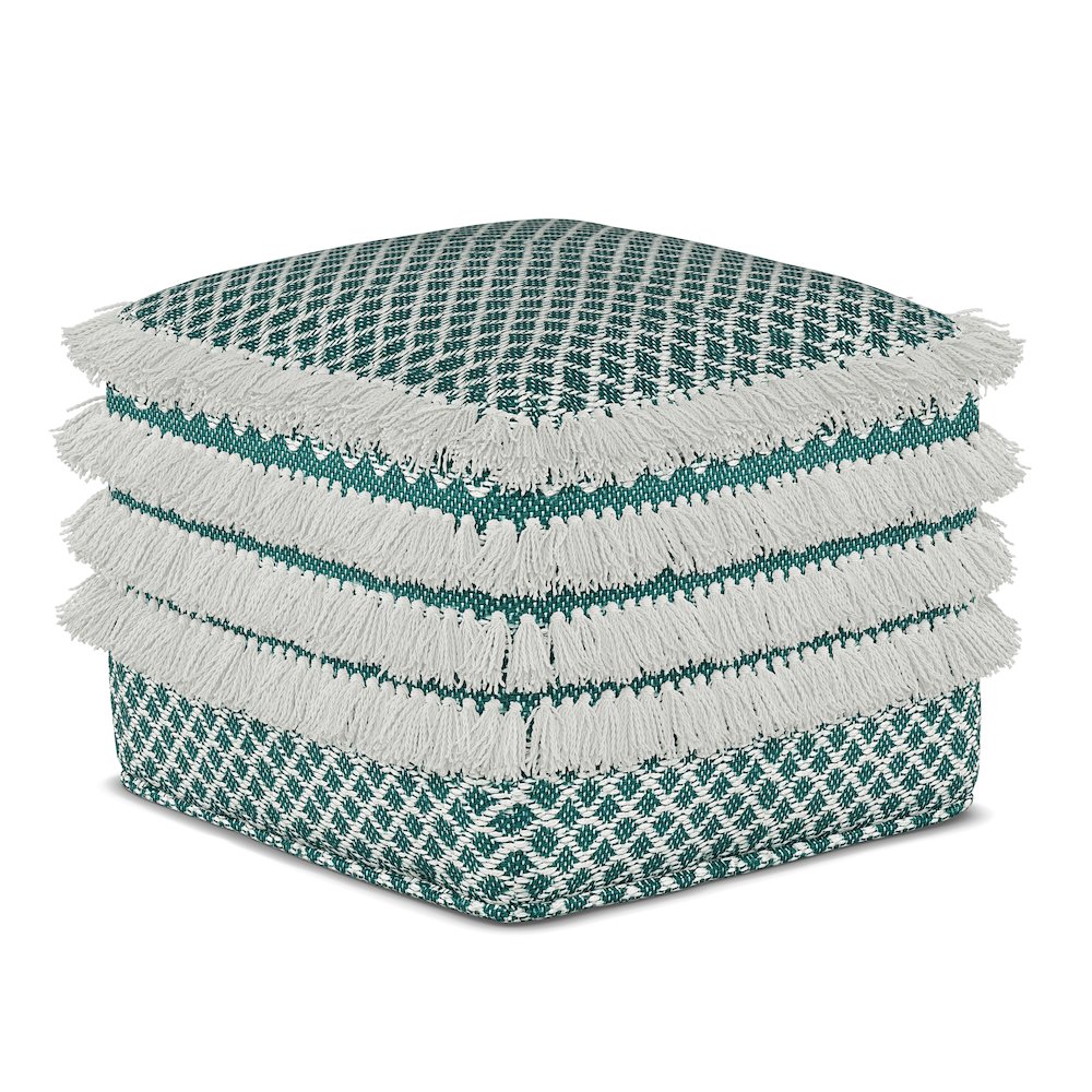 Leah Square Woven Outdoor Pouf in Turquoise and White Recycled PET Polyester. Picture 1