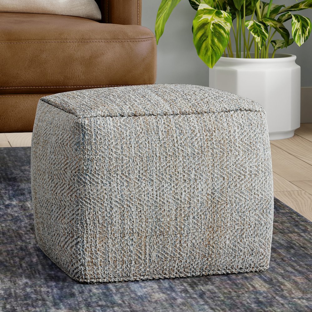 Nate 18 inch Wide Boho Square Pouf in Grey Mélange Cotton. Picture 6