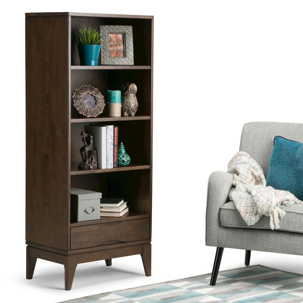 Harper Solid Hardwood Bookcase With Storage In Walnut Brown. Picture 5