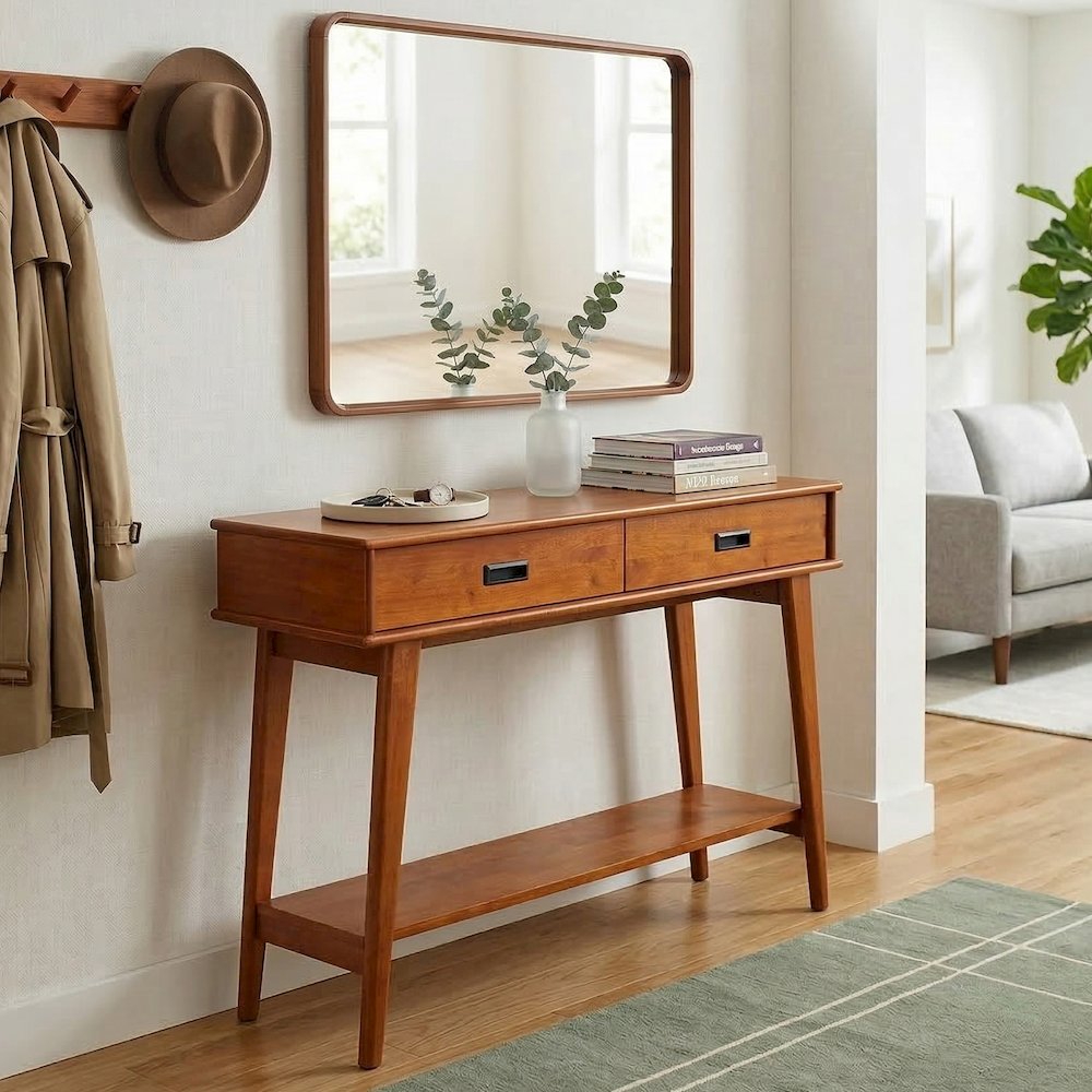 Draper 42 inch Wide Solid Wood Mid Century Modern Console Table in Teak Brown. Picture 2