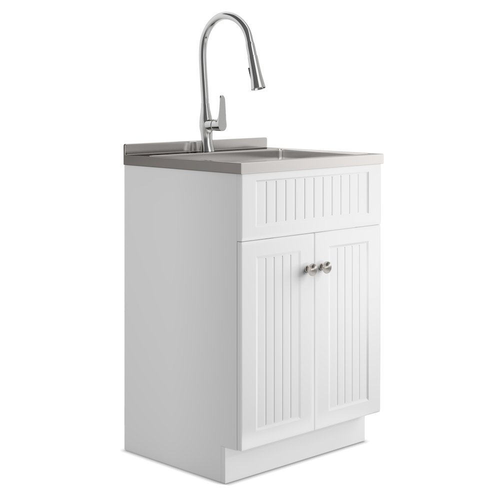 Beckham 24 Inch Laundry Cabinet With Faucet And Stainless Steel Sink In White. Picture 1
