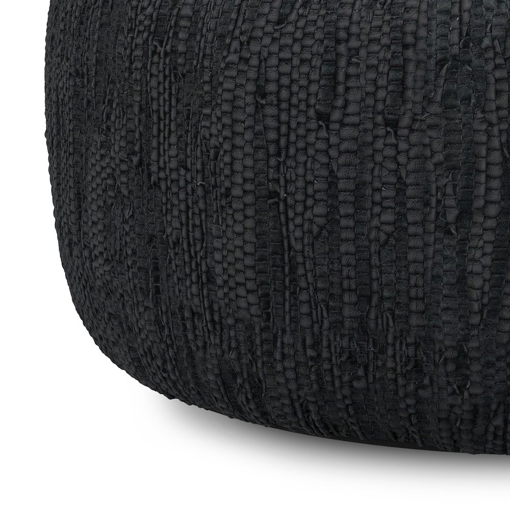 Fredrik 30 inch Wide Boho Pouf in Black Genuine Woven Leather, Assembled. Picture 4