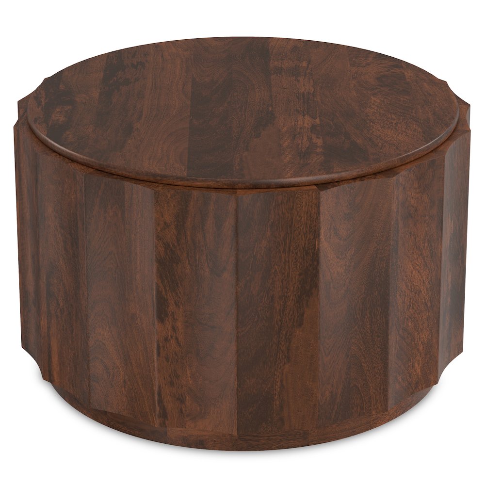 Solid Mango Wood 32 Inch Wide Round Contemporary Coffee Table In Walnut Brown. Picture 2