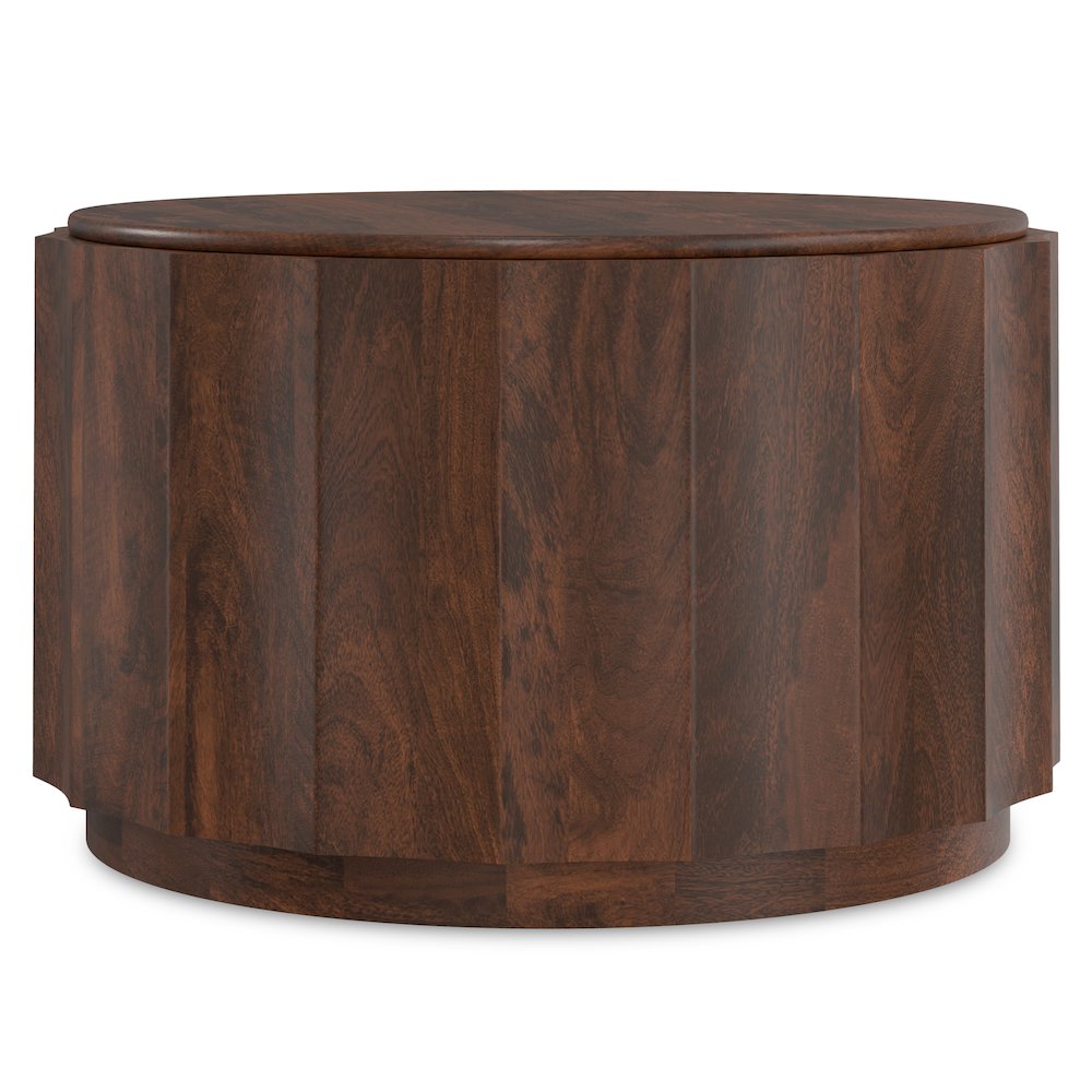 Solid Mango Wood 32 Inch Wide Round Contemporary Coffee Table In Walnut Brown. Picture 1