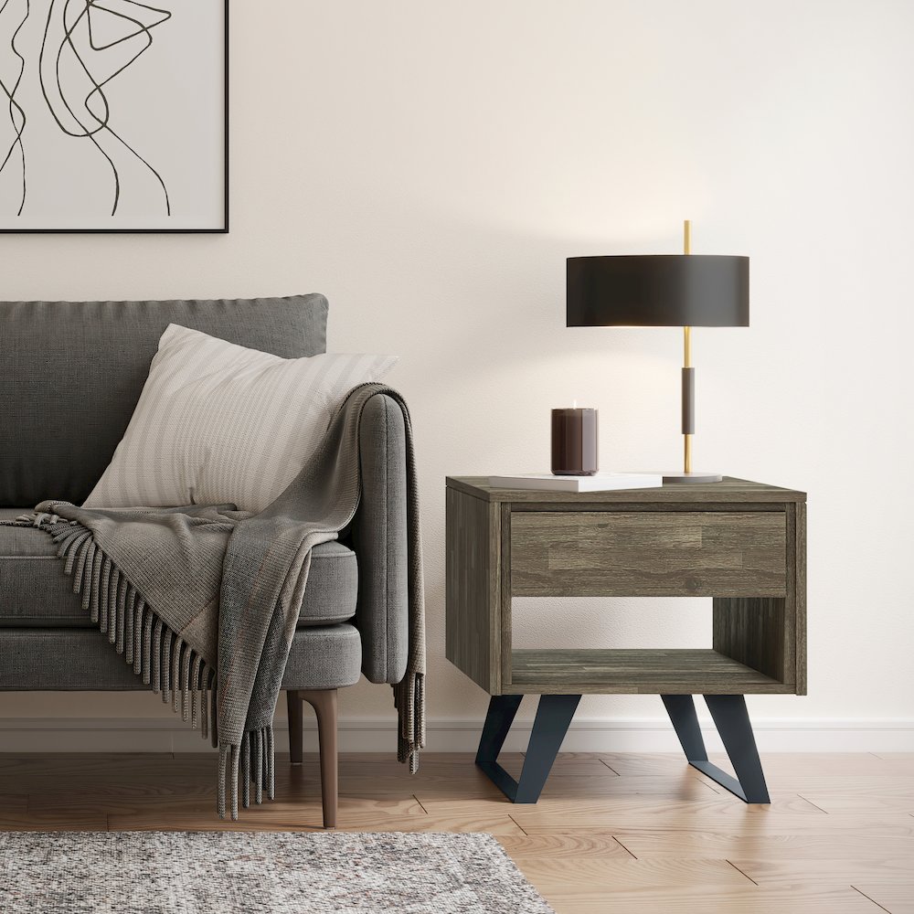 Lowry Solid Acacia Wood End Table In Distressed Grey. Picture 5