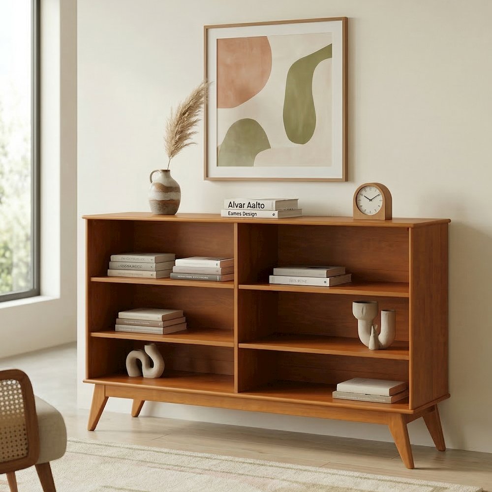 Draper 64 inch Wide Solid Wood Mid Century 6 Shelf Bookcase in Teak Brown. Picture 2