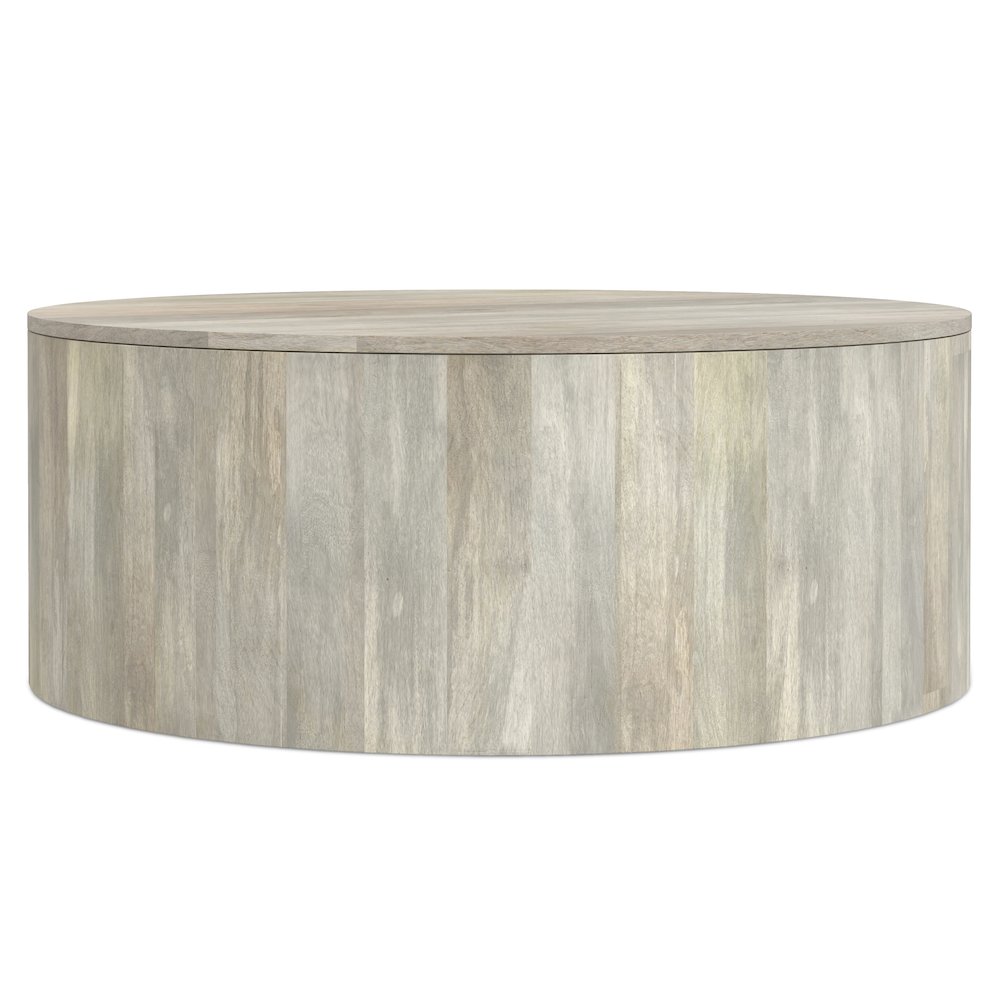 Solid Mango Wood 36 Inch Wide Round Contemporary Drum Coffee Table In White Wash. Picture 1