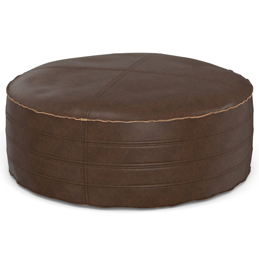 Round Coffee Table Pouf In Distressed Dark Brown Vegan Faux Leather. Picture 1