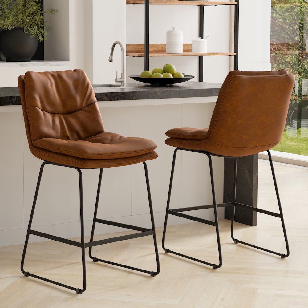 Modern Counter Height Stool (Set Of 2) In Camel Brown Vegan Faux Leather. Picture 7