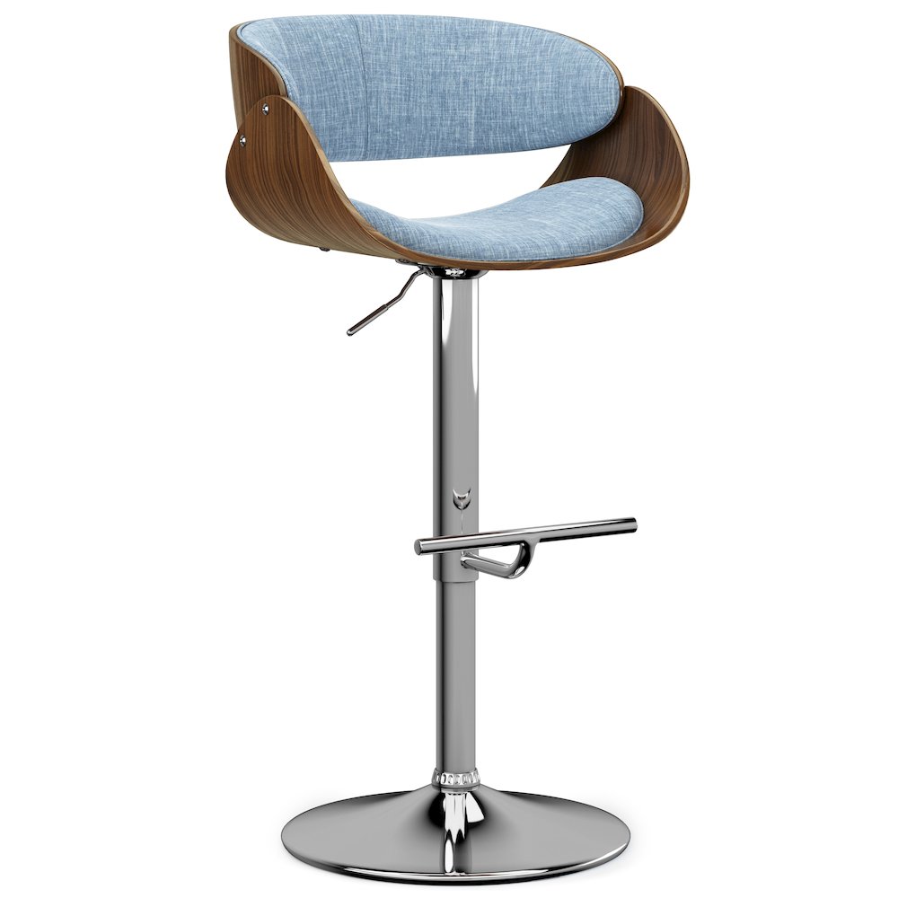 Amery Adjustable Swivel Bar Stool In Denim Blue Linen Look Fabric. Picture 1