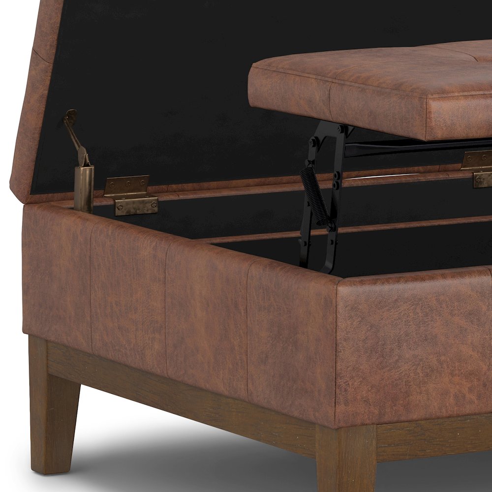 Square Lift Top Coffee Table Storage Ottoman In Distressed Saddle Brown. Picture 5