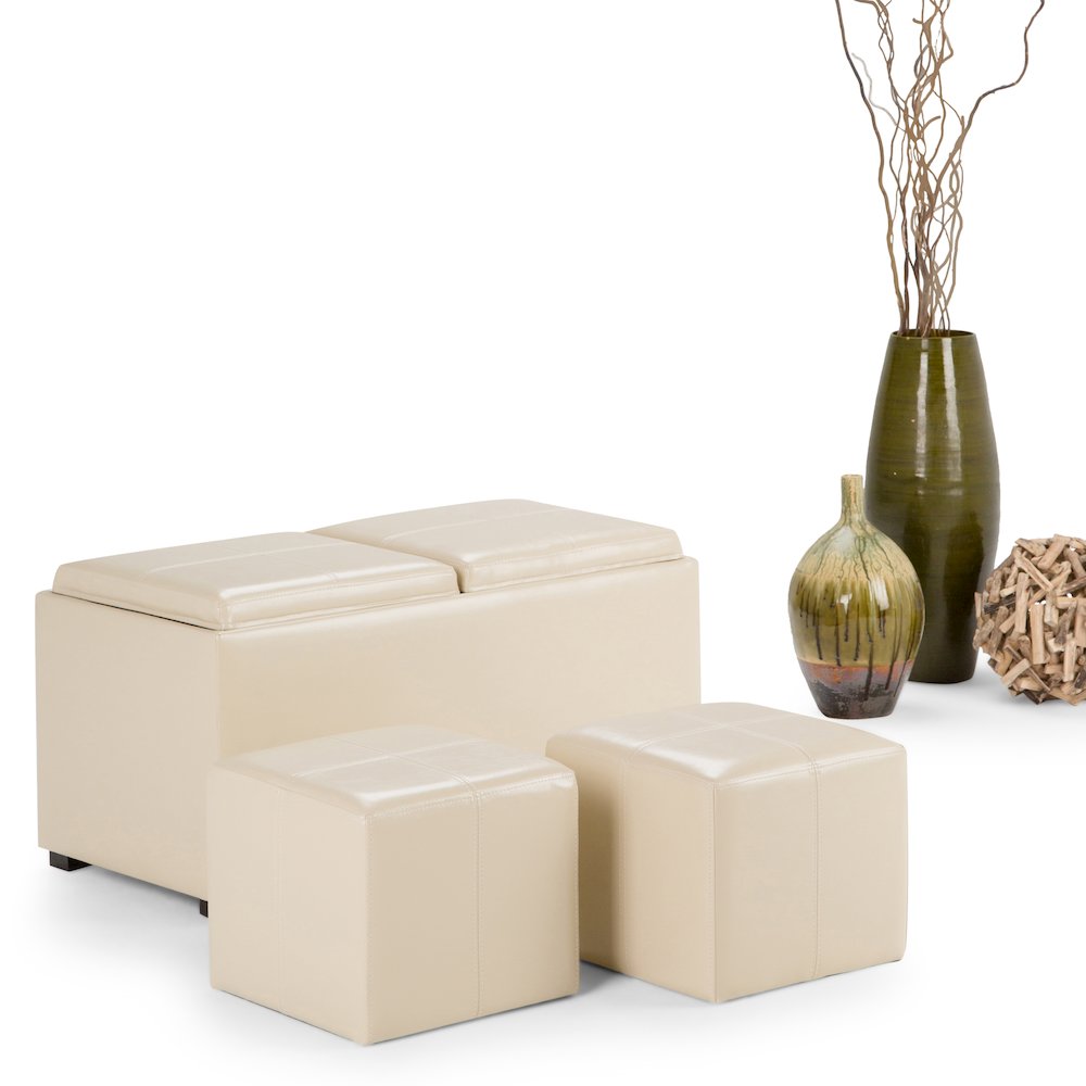 Avalon 5 Piece Storage Ottoman In Satin Cream Vegan Faux Leather. Picture 5
