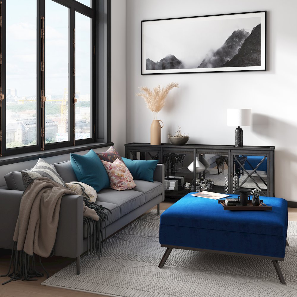 Owen Square Coffee Table Storage Ottoman In Blue Velvet Fabric. Picture 5