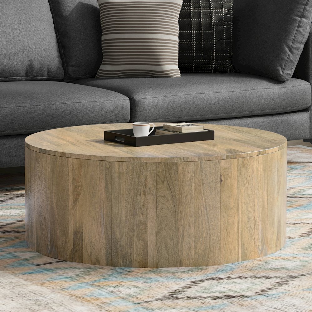 Solid Mango Wood 36 Inch Wide Round Contemporary Drum Coffee Table In Briarsmoke. Picture 6