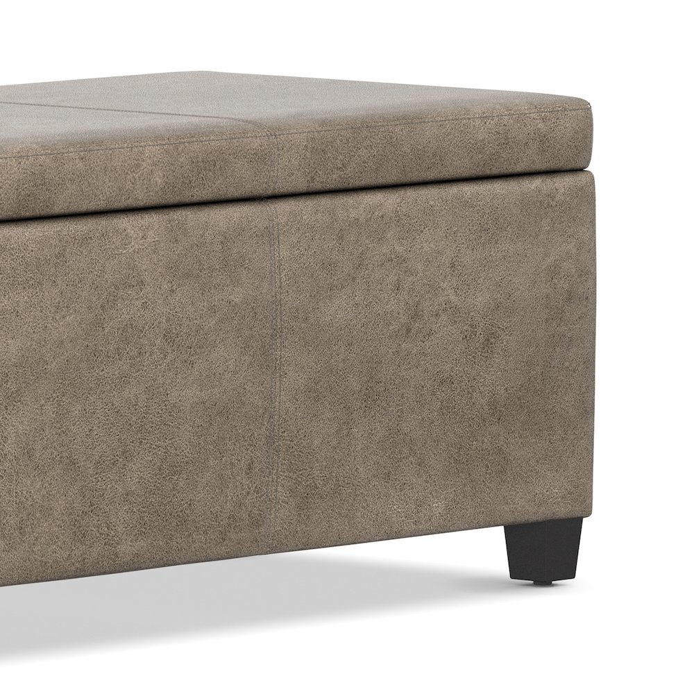 48 inch Wide Storage Ottoman Bench in Distressed Smoky Grey Brown Vegan Leather. Picture 5