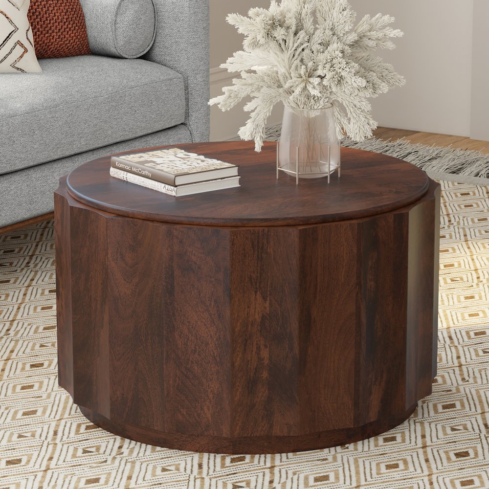 Solid Mango Wood 32 Inch Wide Round Contemporary Coffee Table In Walnut Brown. Picture 7