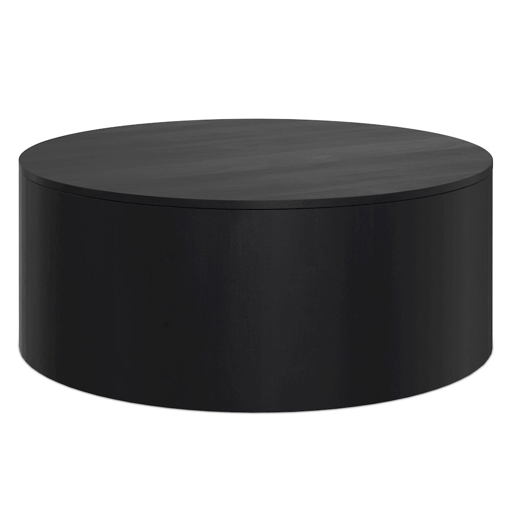 Solid Mango Wood 36 Inch Wide Round Contemporary Drum Coffee Table In Black. Picture 2