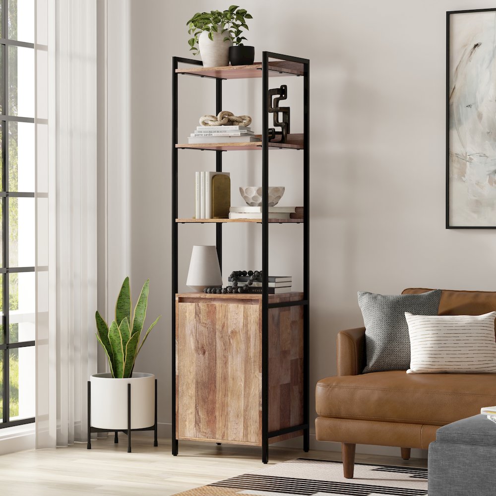 Kelsey SOLID MANGO WOOD Narrow Bookshelf with Cabinet in Natural. Picture 2