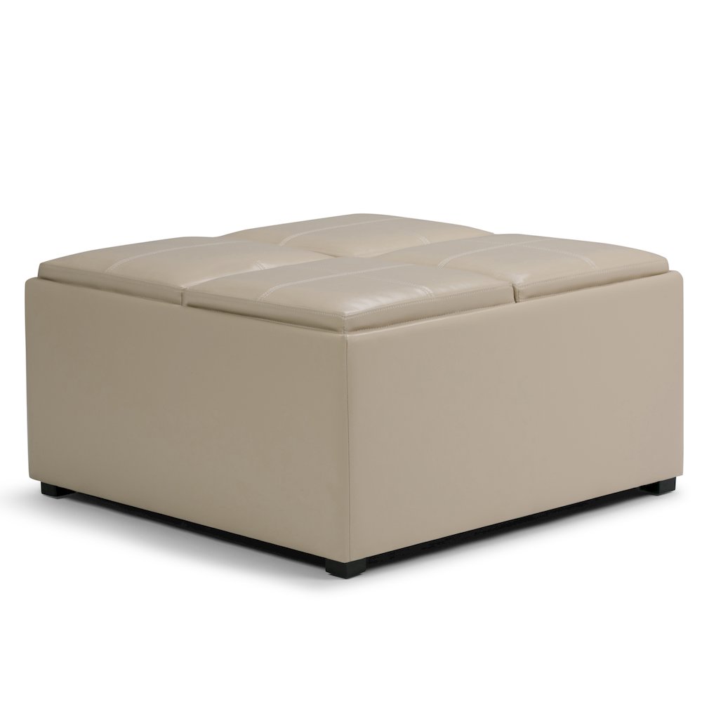 Avalon Square Coffee Table Storage Ottoman In Satin Cream Vegan Faux Leather. Picture 1