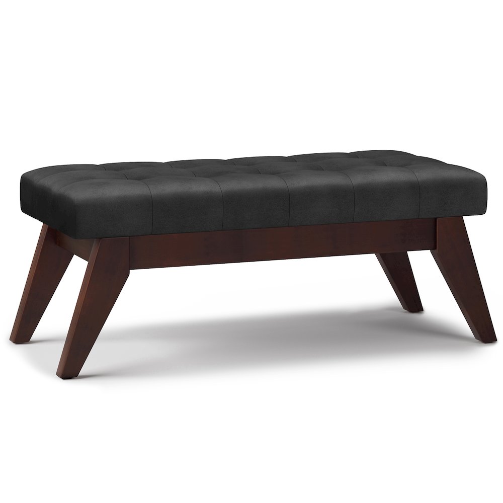 Draper Solid Wood Mid Century Tufted Ottoman Bench In Distressed Black. Picture 1