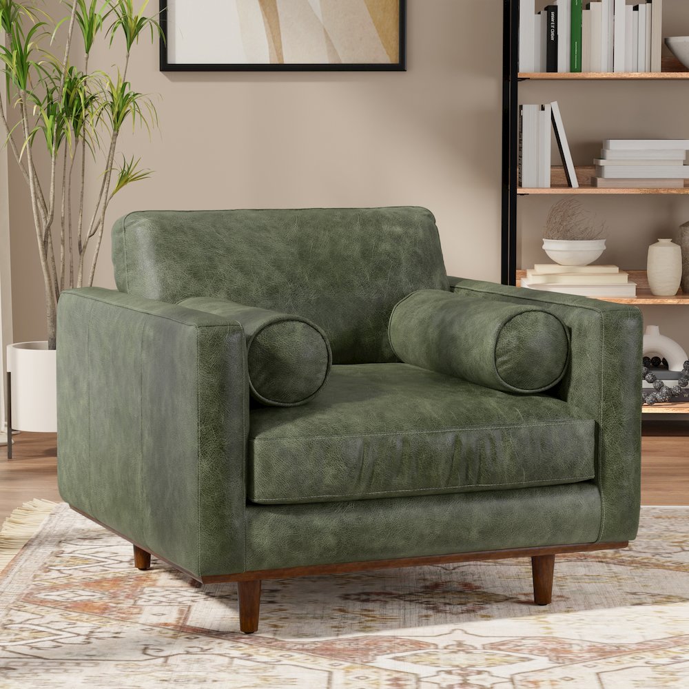 Mid-Century Modern Accent Chair In Moss Green Top Grain Genuine Leather. Picture 7