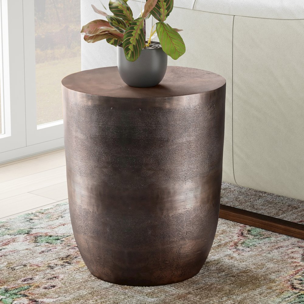 16.5 inch Wide Metal Accent Table in Antique Copper Cast Aluminum, Assembled. Picture 6
