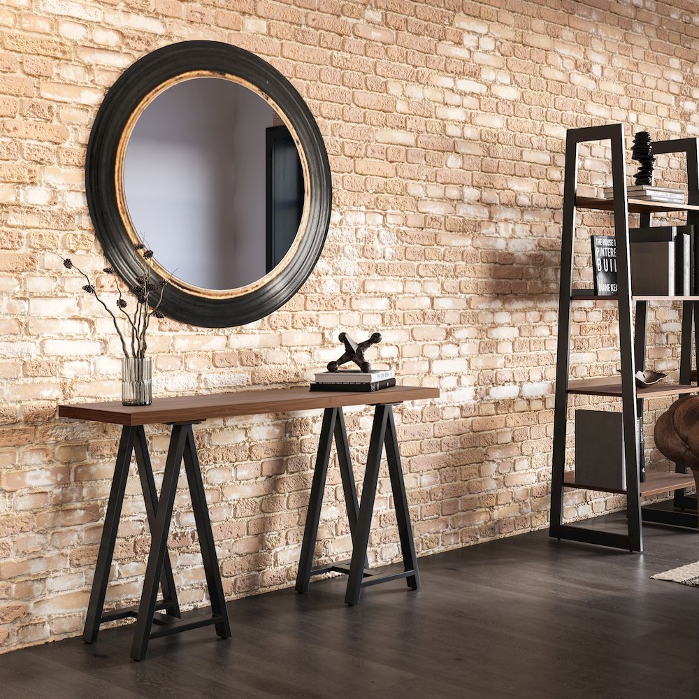Sawhorse Solid Wood Solid Walnut Veneer and Metal Console Sofa Table in Walnut. Picture 6