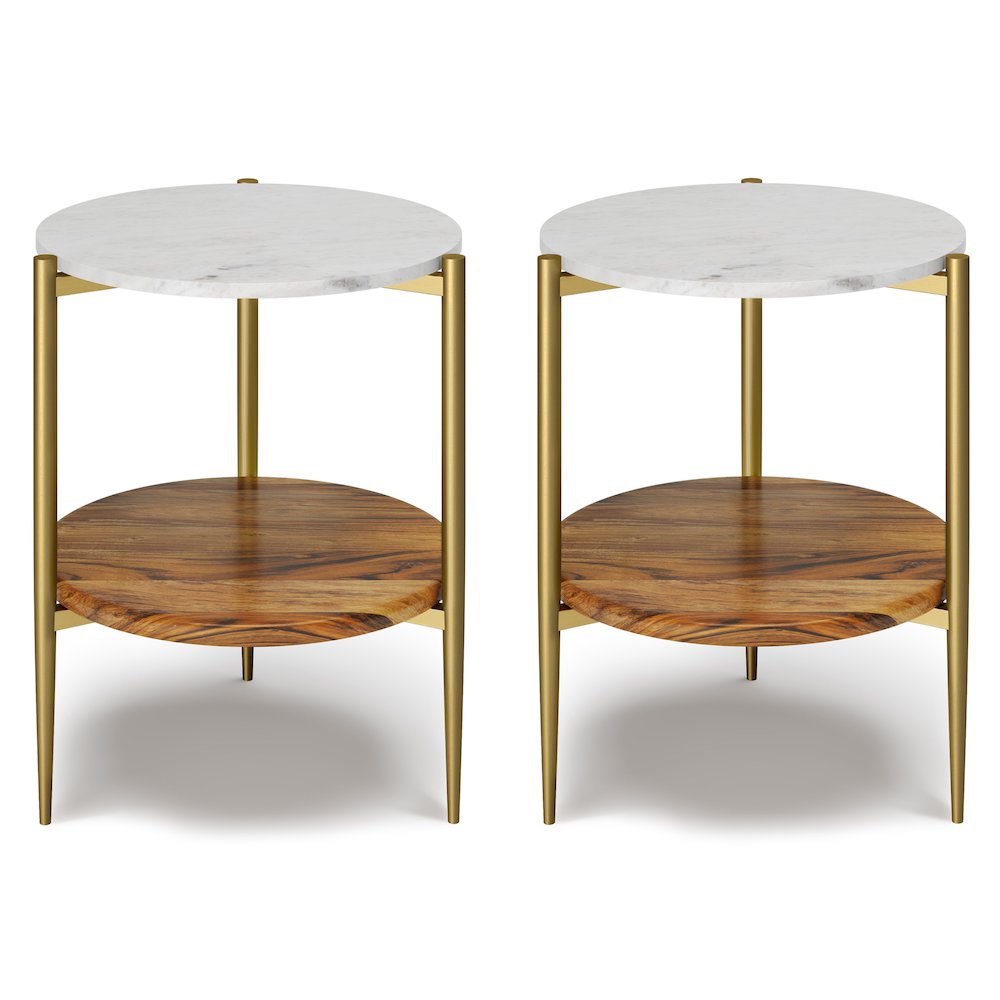 18 inch Round Mid-Century Genuine Marble & Solid Acacia Side Tables(Set of 2). Picture 1