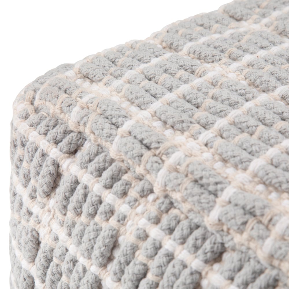 Noreen Square Pouf In Light Blue, White Handloom Woven Pattern. Picture 2