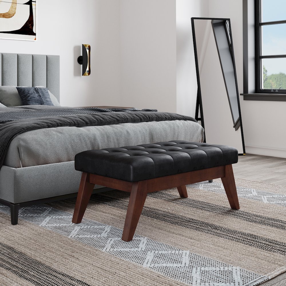 Draper Solid Wood Mid Century Tufted Ottoman Bench In Distressed Black. Picture 5