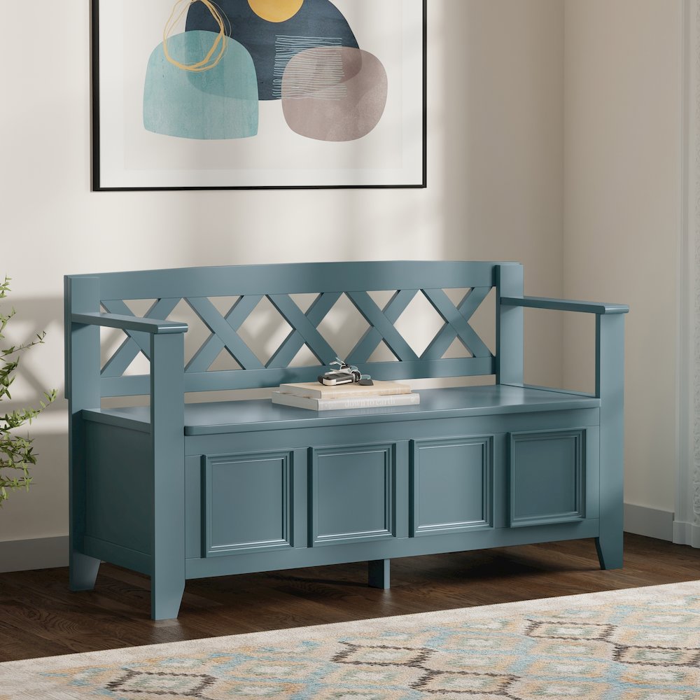 48 inch Wide Solid Wood Transitional Entryway Storage Bench in French Blue. Picture 6
