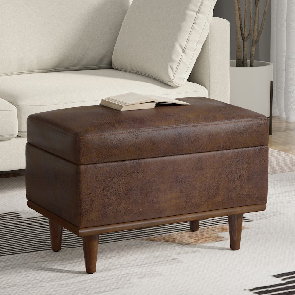 Small Storage Ottoman In Distressed Chestnut Brown Vegan Faux Leather. Picture 7